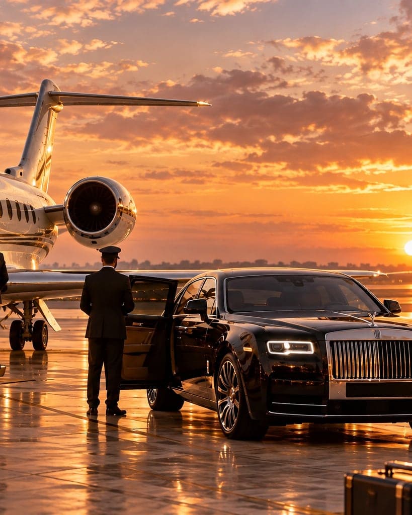 A private jet and a Rolls-Royce with its chauffeur on the apron at sunset
