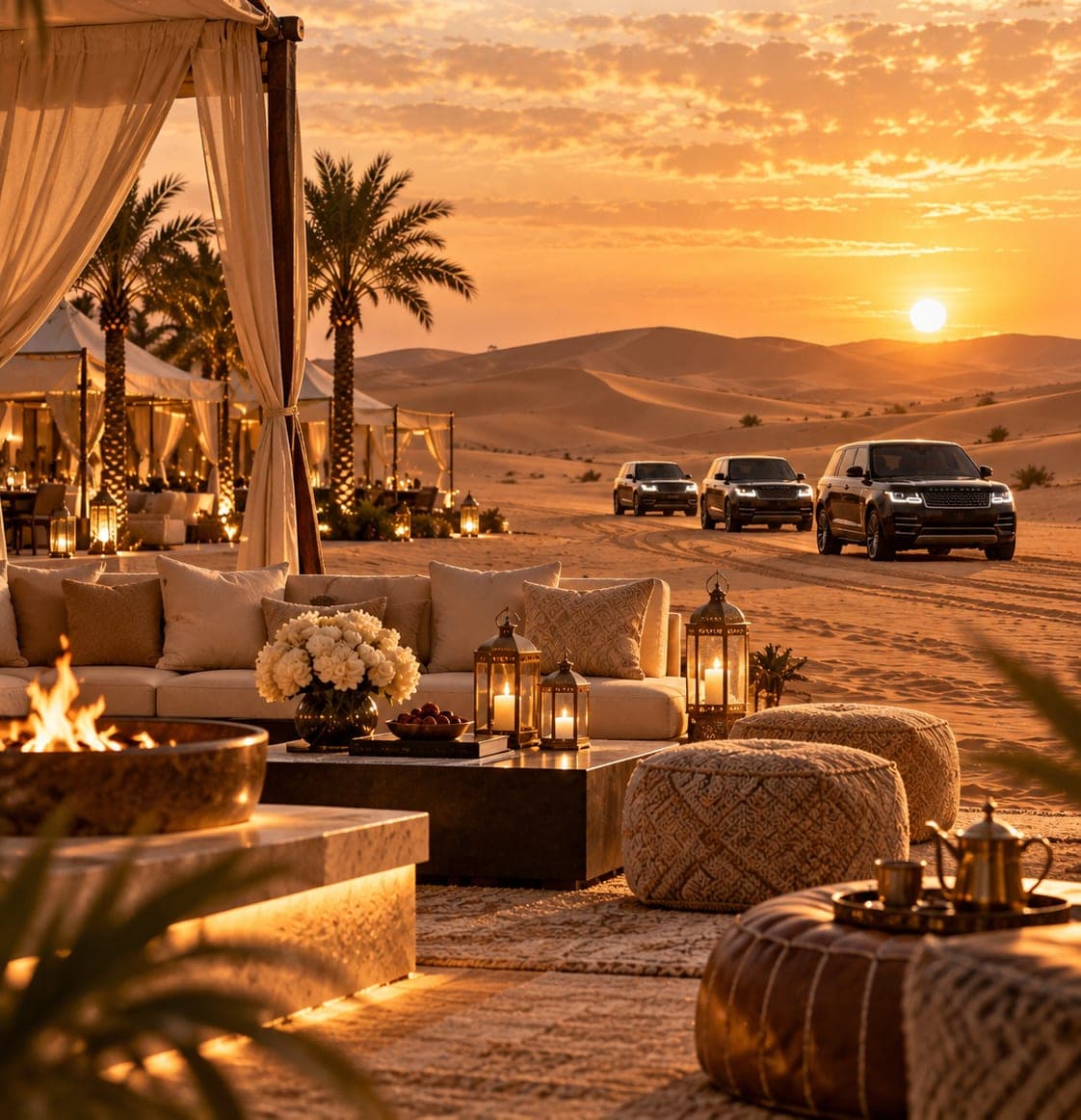 Two four-wheel drives crossing deep orange dunes at sunset