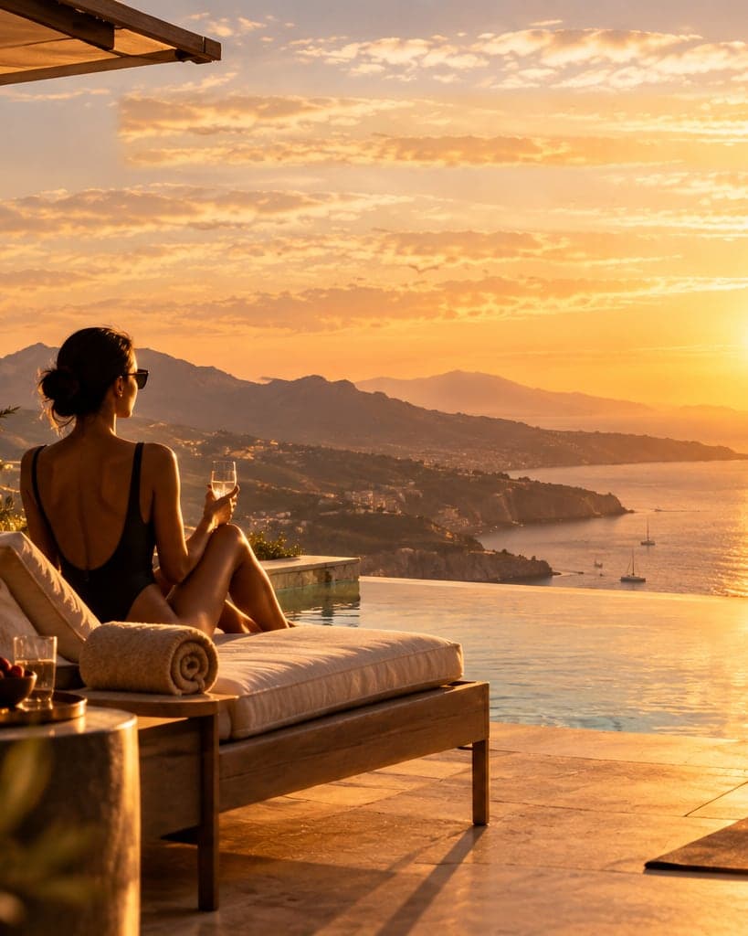 A guest on a terrace by an infinity pool at sunset, the coast below
