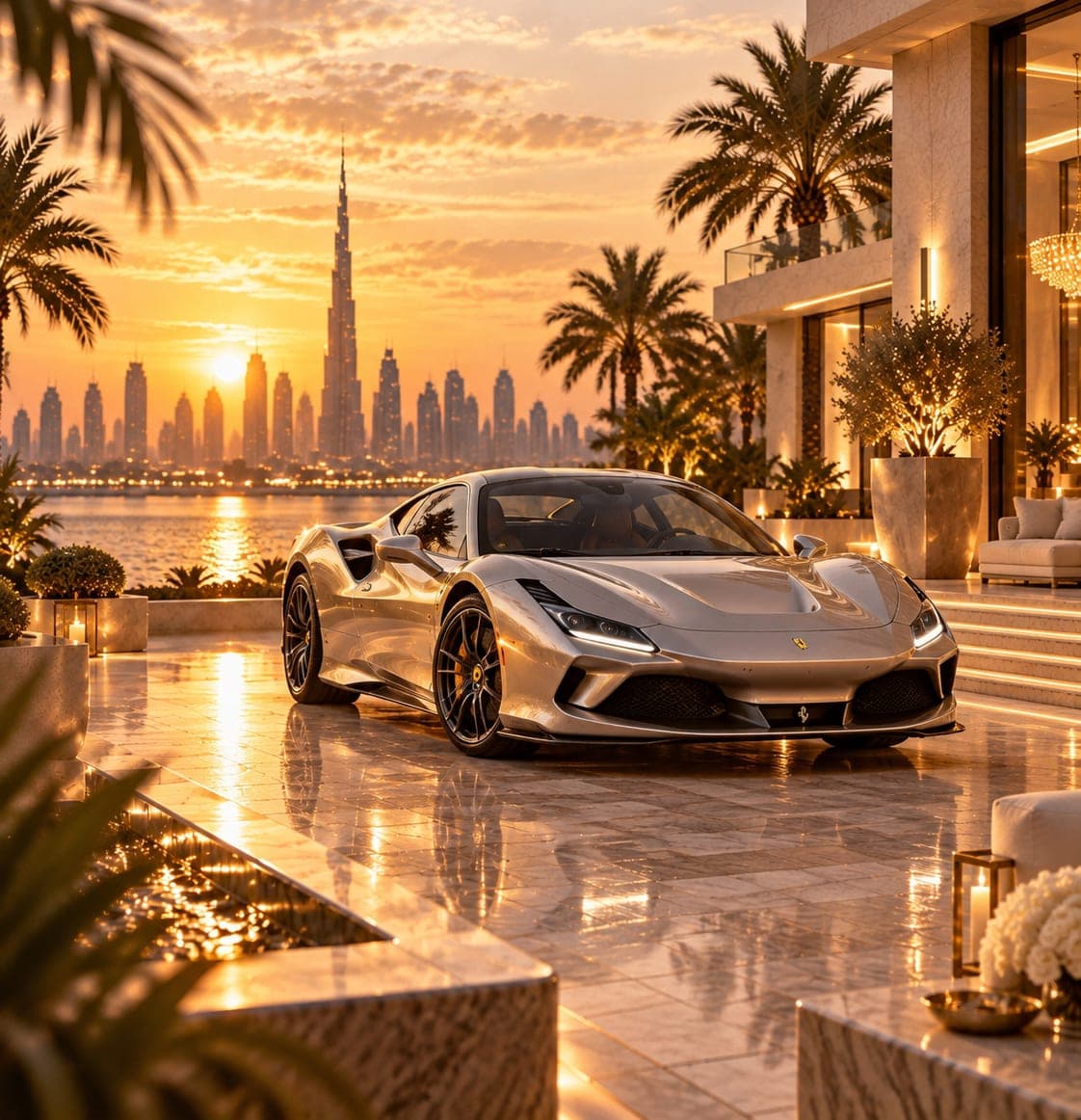 A silver supercar on a villa forecourt at sunset, the Dubai skyline behind