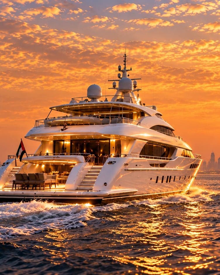 A motor yacht under way off the Dubai skyline at sunset